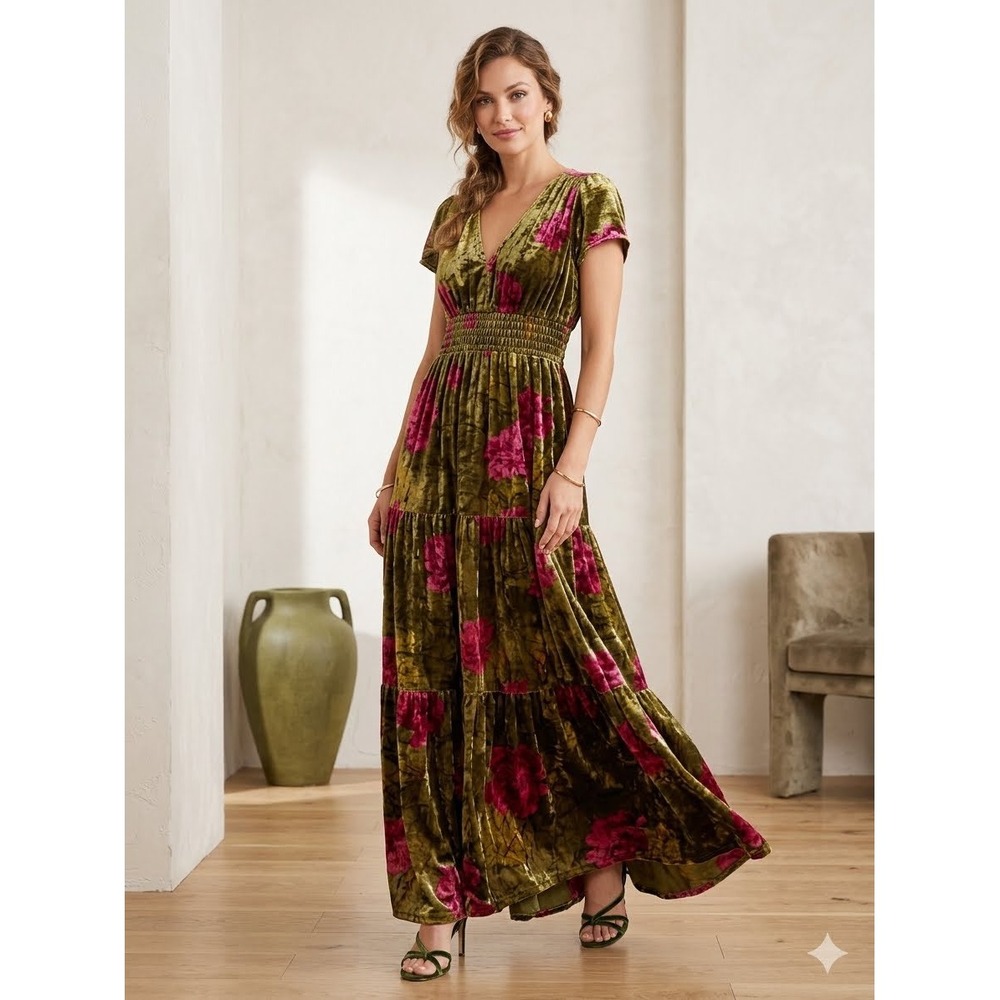 Anthropologie Velvet Floral Maxi Dress Olive Pink Smocked Waist Size Small